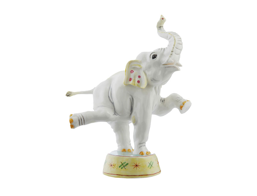 Der Elefant auf Trommel aus handbemaltem und glasierten Biskuitporzellan von der Porzellan Manufaktur Nymphenburg
