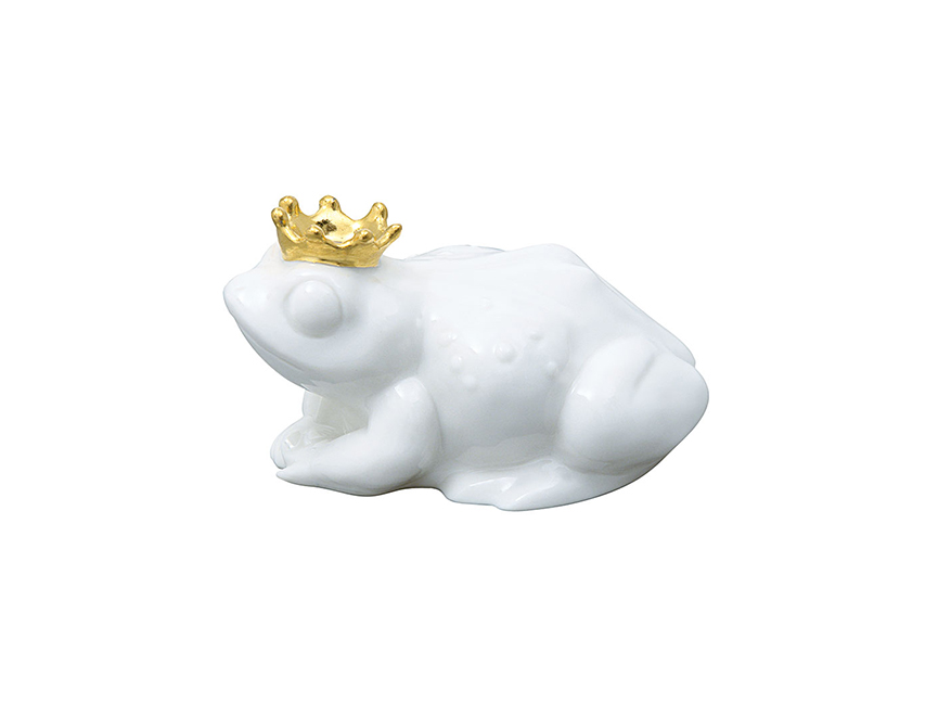 Froschkönig aus Biskuitporzellan glasiert mit einer vergoldeten Krone