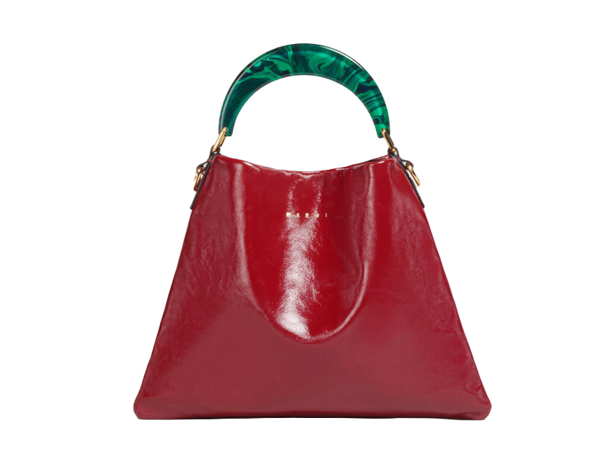 Die Venice Bag Small in Ausführung Rubinrotes Leder mit Grünem Henkel von Marni